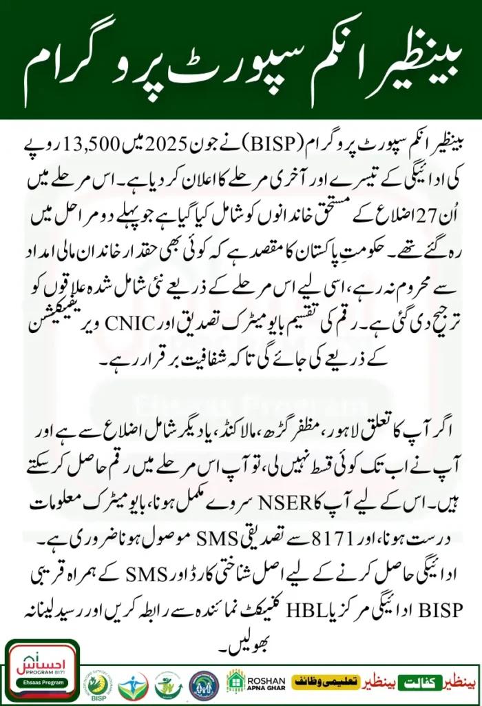 BISP 8171 Phase 3 Payment Districts List for Rs. 13,500 Distribution in June 2025